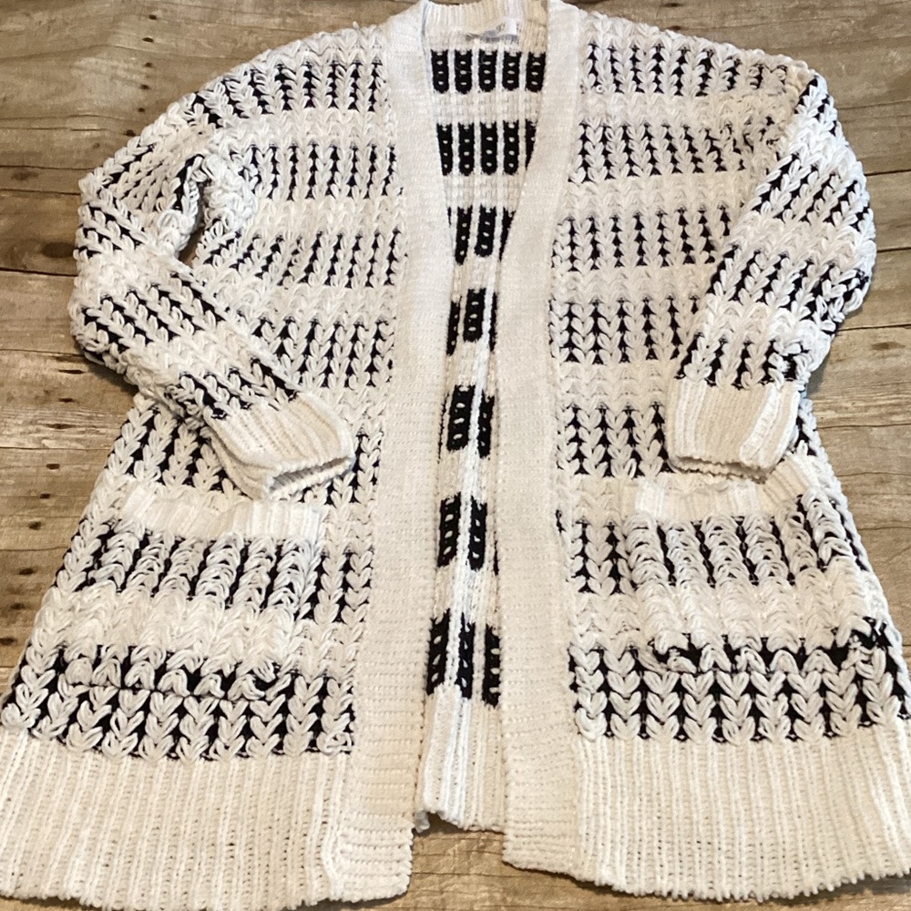 Sienna Sky Cream and Black Open Stitch Long Cardigan